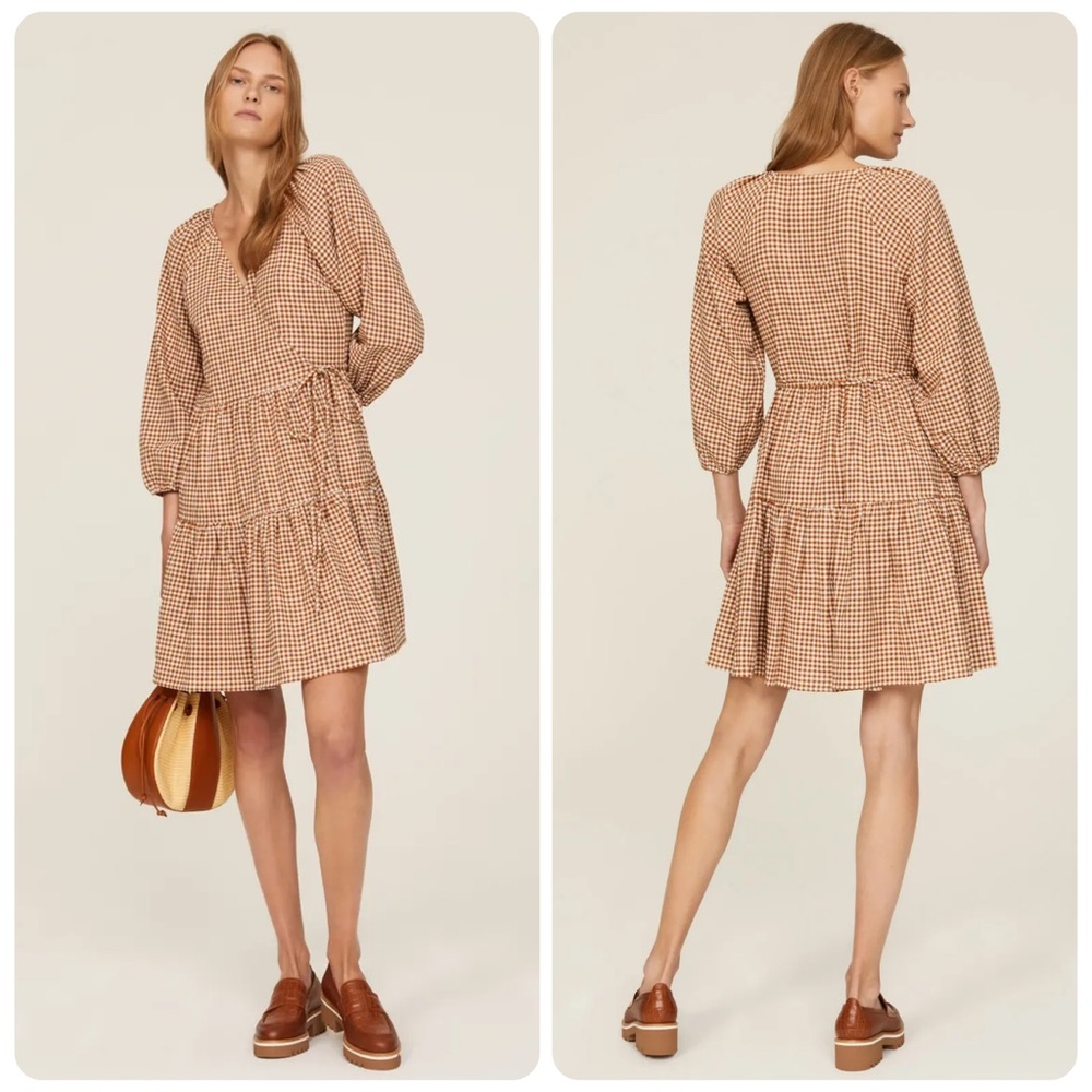 Madewell Gingham Puff-Sleeve Wrap Dress in Golden Pecan | Size Medium - Picture 2 of 6